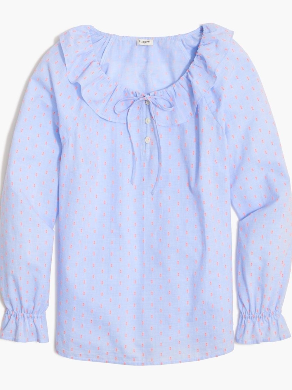 J.Crew Long-sleeve Ruffleneck Textured Dots Top in Chambray Dobby Blue SU23 sz L